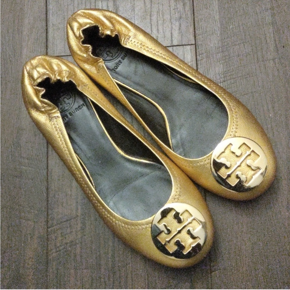 Tory Burch Gold Reva Leather Ballet Flats